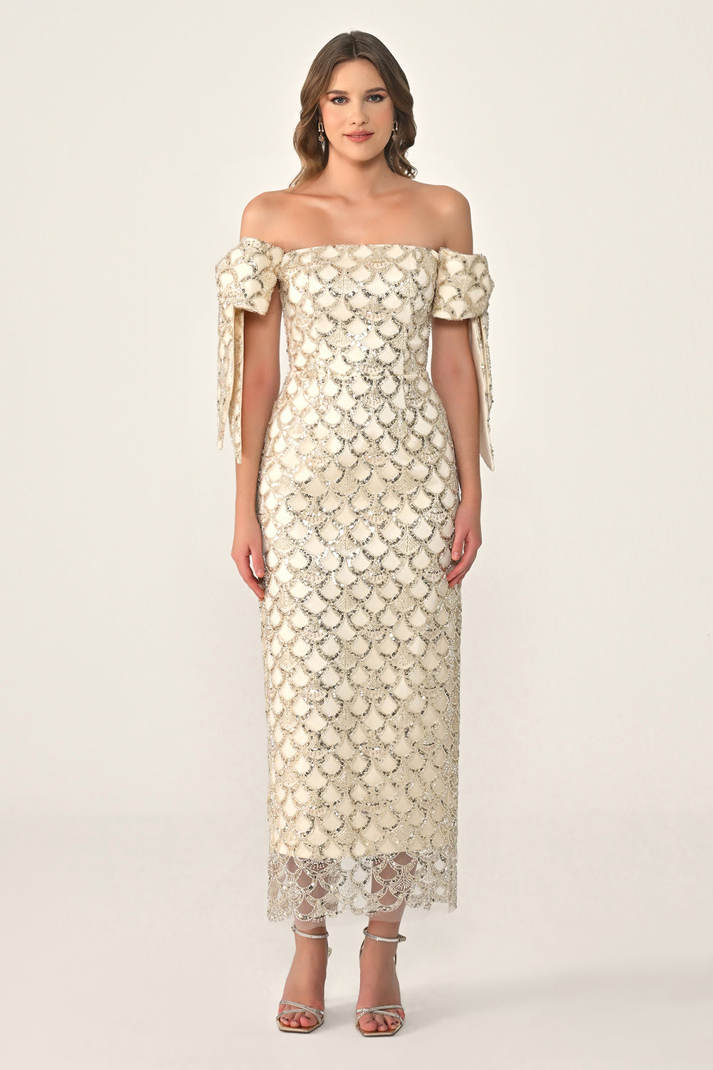 Ribboned Dropped Shoulder Sequin Midi Dress
