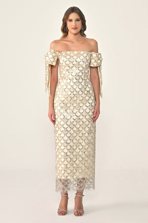 Ribboned Dropped Shoulder Sequin Midi Dress