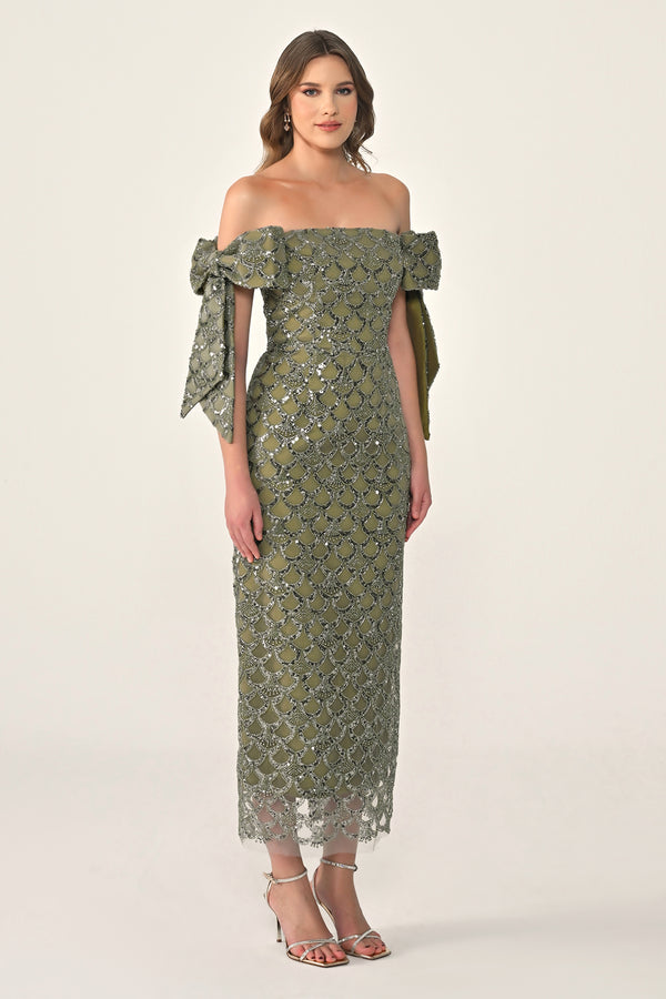 Ribboned Dropped Shoulder Sequin Midi Dress