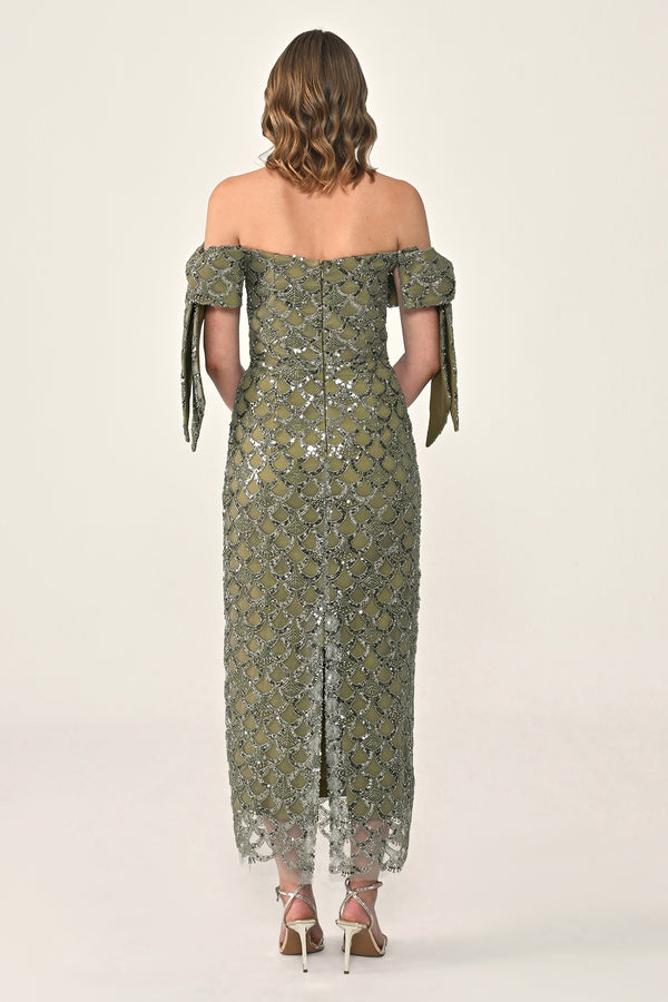 Ribboned Dropped Shoulder Sequin Midi Dress