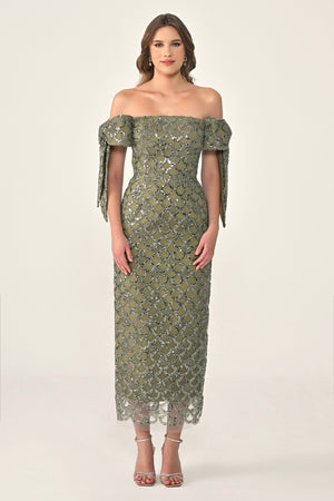 Ribboned Dropped Shoulder Sequin Midi Dress
