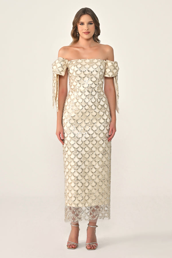 Ribboned Dropped Shoulder Sequin Midi Dress