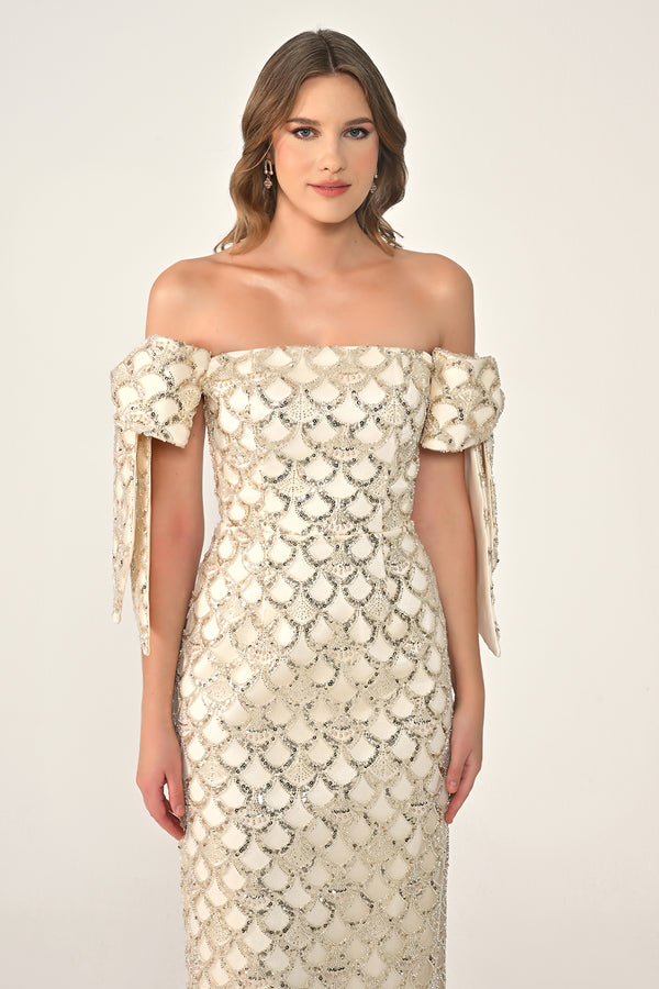 Ribboned Dropped Shoulder Sequin Midi Dress