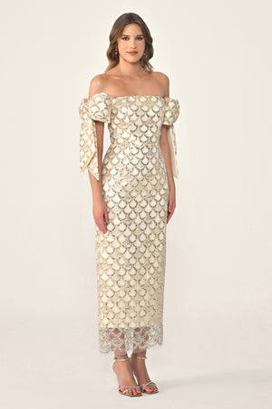 Ribboned Dropped Shoulder Sequin Midi Dress