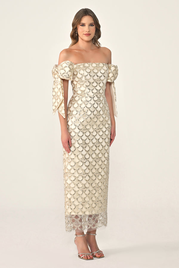 Ribboned Dropped Shoulder Sequin Midi Dress
