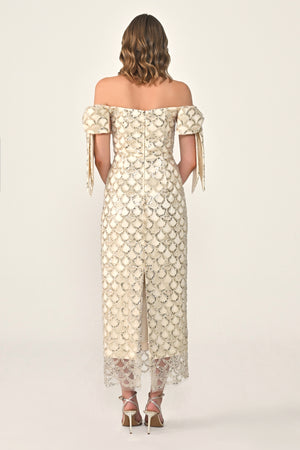 Ribboned Dropped Shoulder Sequin Midi Dress