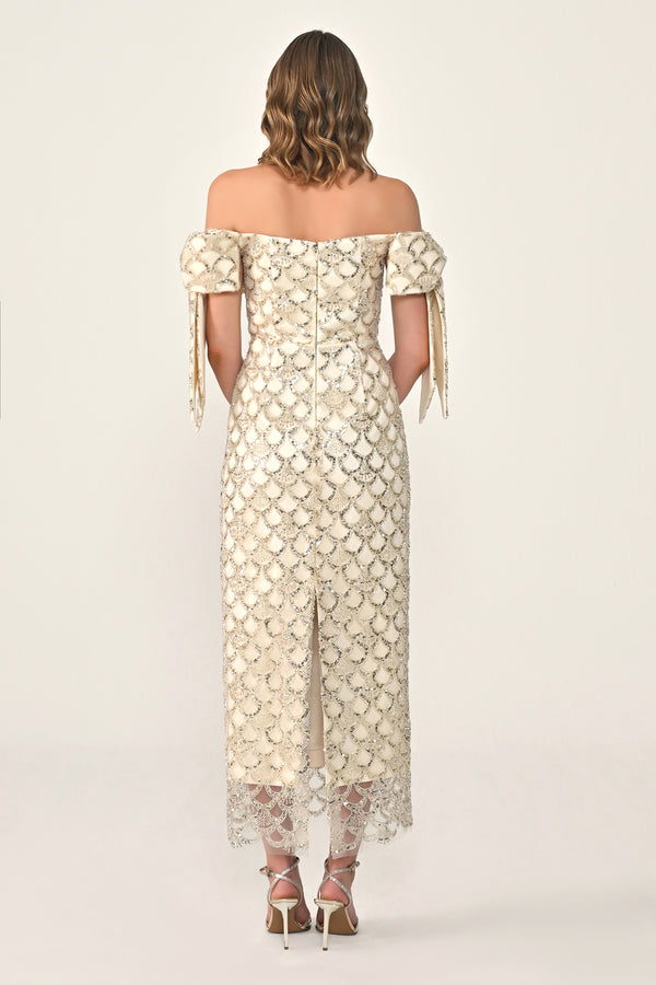 Ribboned Dropped Shoulder Sequin Midi Dress