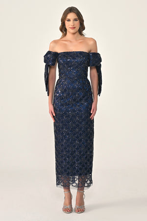 Ribboned Dropped Shoulder Sequin Midi Dress