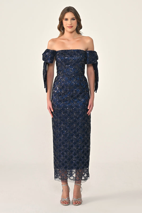 Ribboned Dropped Shoulder Sequin Midi Dress