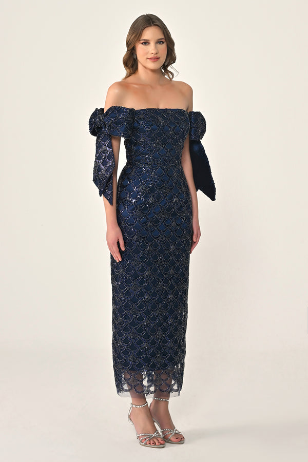 Ribboned Dropped Shoulder Sequin Midi Dress