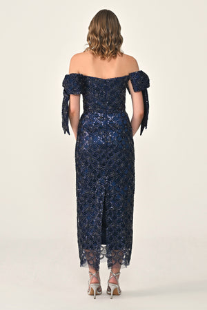 Ribboned Dropped Shoulder Sequin Midi Dress