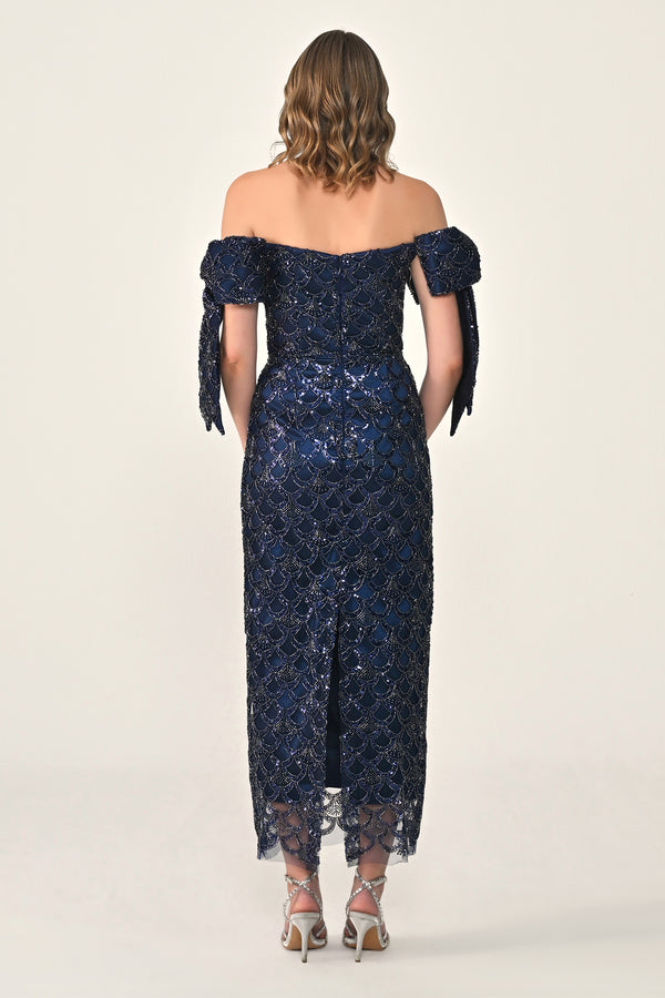 Ribboned Dropped Shoulder Sequin Midi Dress