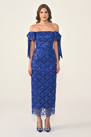 Ribboned Dropped Shoulder Sequin Midi Dress