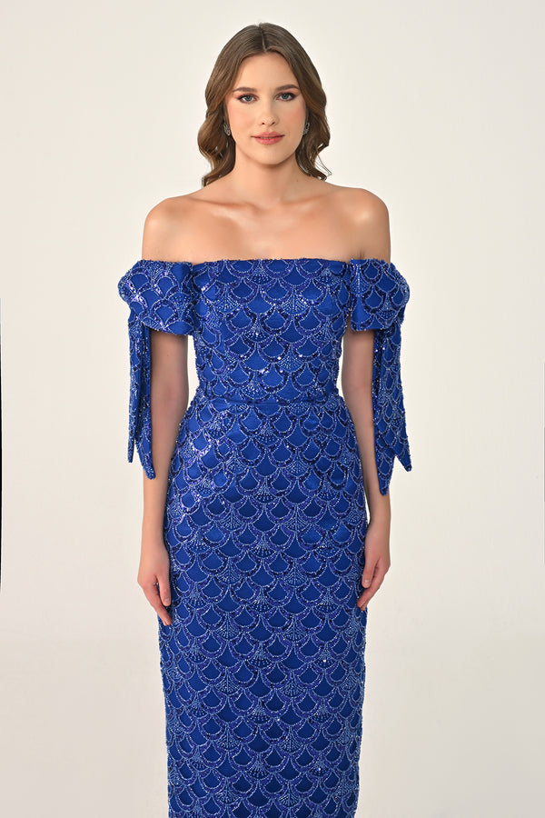 Ribboned Dropped Shoulder Sequin Midi Dress