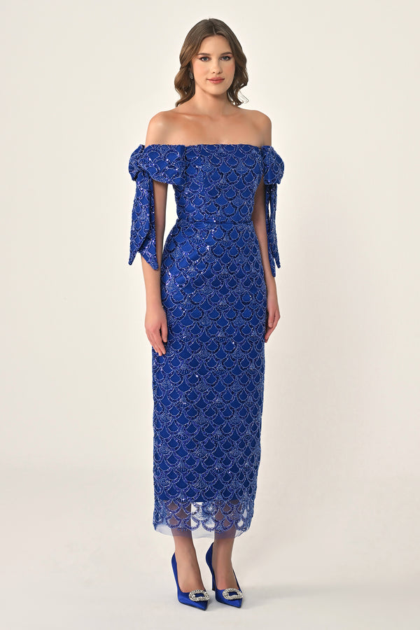 Ribboned Dropped Shoulder Sequin Midi Dress