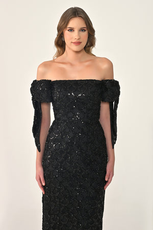Ribboned Dropped Shoulder Sequin Midi Dress