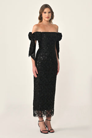Ribboned Dropped Shoulder Sequin Midi Dress