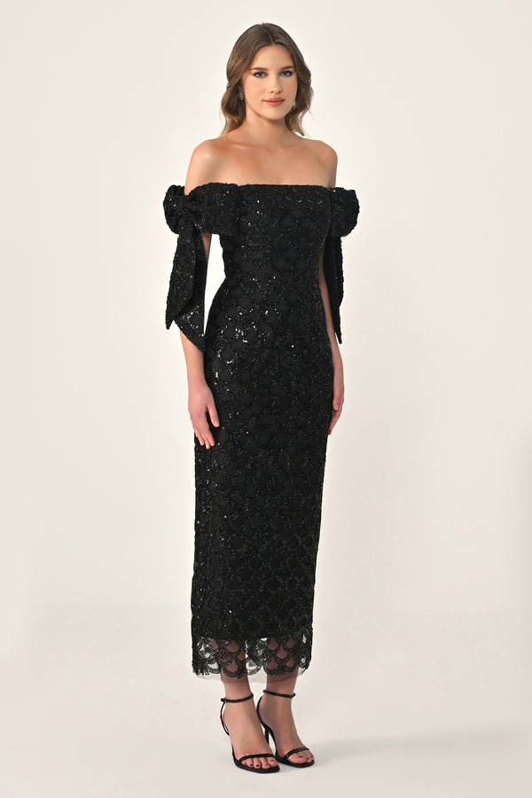 Ribboned Dropped Shoulder Sequin Midi Dress