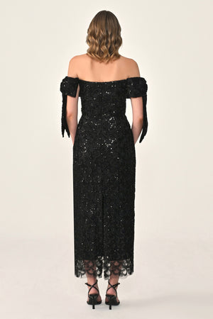 Ribboned Dropped Shoulder Sequin Midi Dress