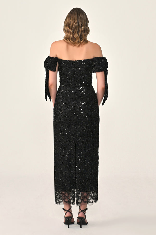 Ribboned Dropped Shoulder Sequin Midi Dress