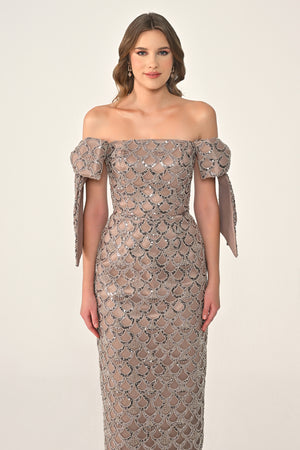 Ribboned Dropped Shoulder Sequin Midi Dress