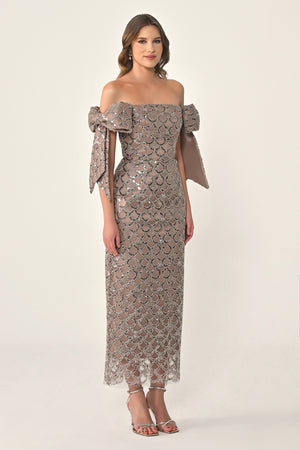 Ribboned Dropped Shoulder Sequin Midi Dress
