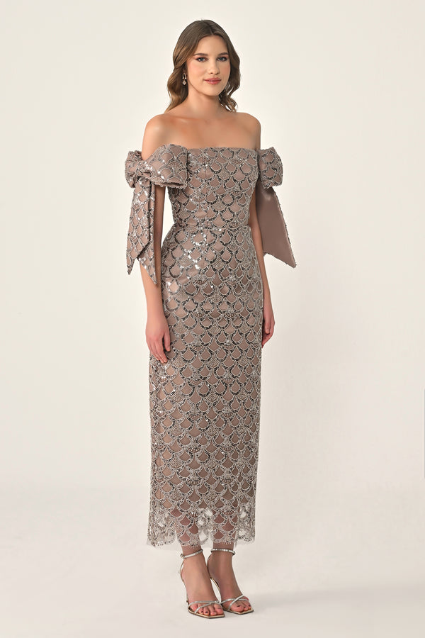 Ribboned Dropped Shoulder Sequin Midi Dress
