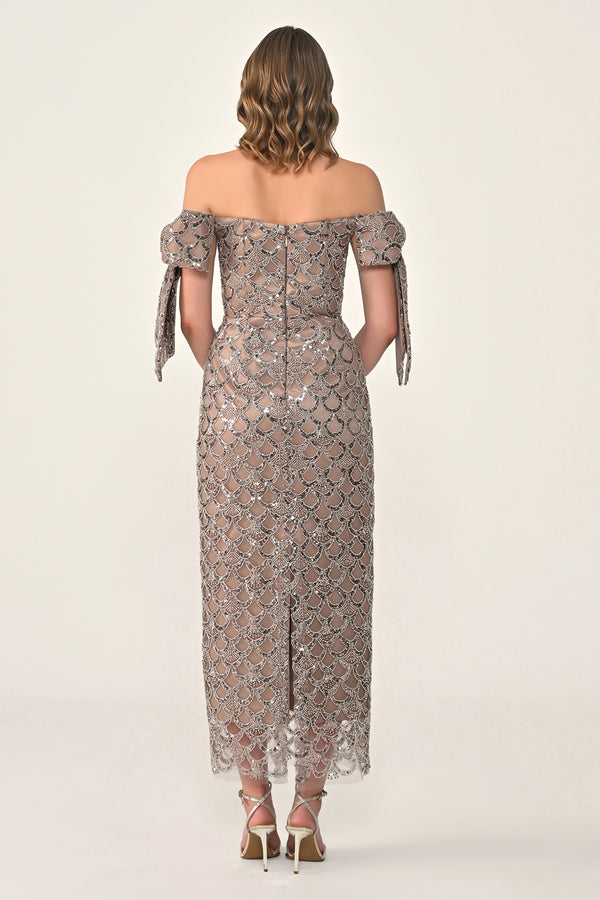 Ribboned Dropped Shoulder Sequin Midi Dress