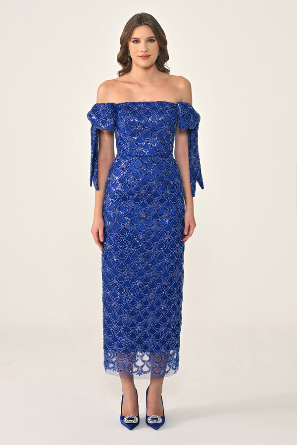 Ribboned Dropped Shoulder Sequin Midi Dress