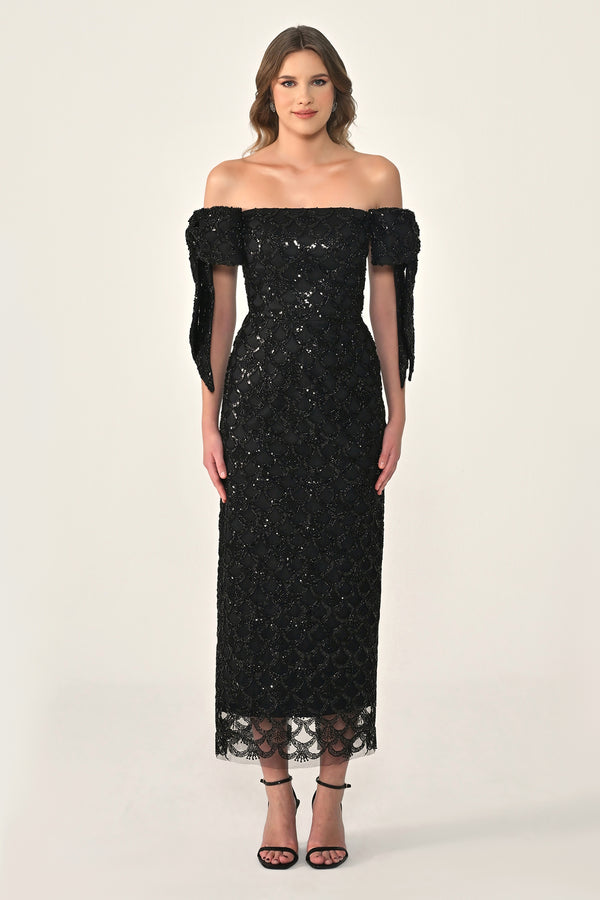 Ribboned Dropped Shoulder Sequin Midi Dress