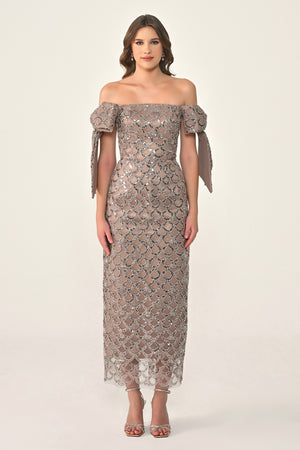 Ribboned Dropped Shoulder Sequin Midi Dress