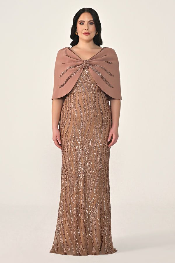 Sequin Long Dress with Shawl Accessory on Shoulder