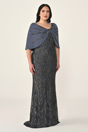 Sequin Long Dress with Shawl Accessory on Shoulder