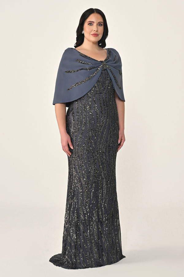 Sequin Long Dress with Shawl Accessory on Shoulder