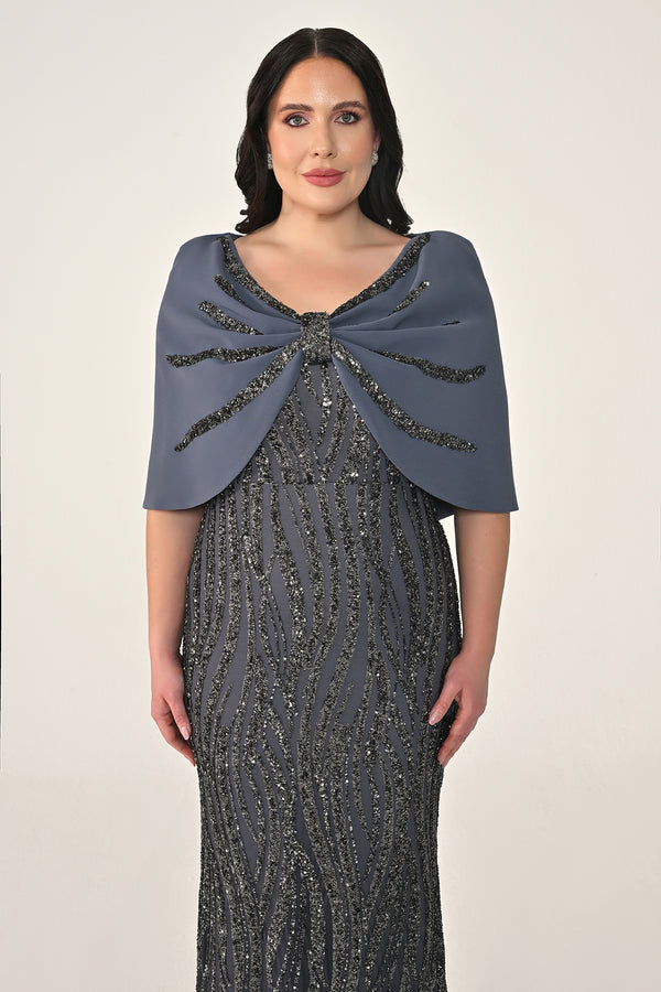 Sequin Long Dress with Shawl Accessory on Shoulder