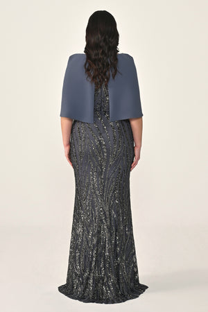 Sequin Long Dress with Shawl Accessory on Shoulder