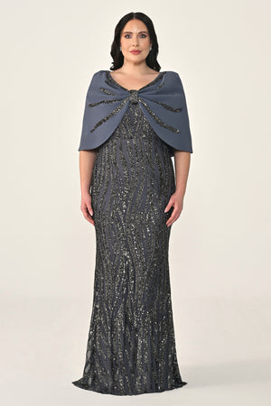 Sequin Long Dress with Shawl Accessory on Shoulder