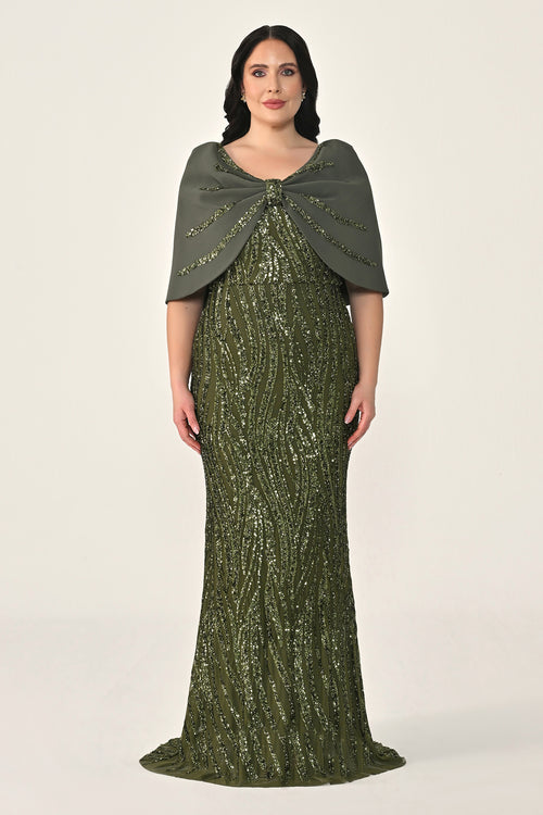 Sequin Long Dress with Shawl Accessory on Shoulder