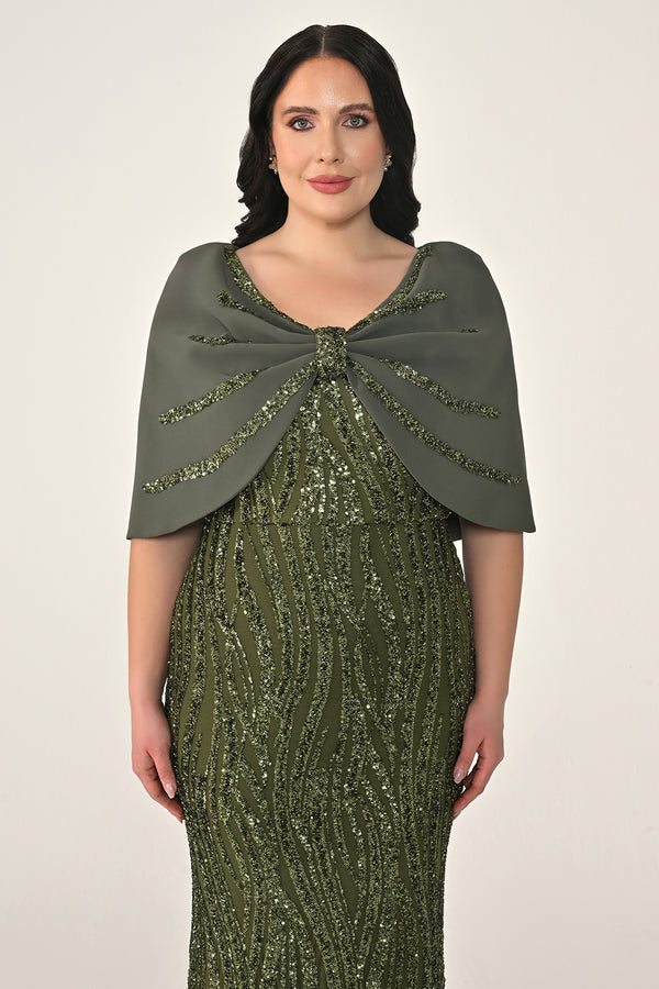 Sequin Long Dress with Shawl Accessory on Shoulder