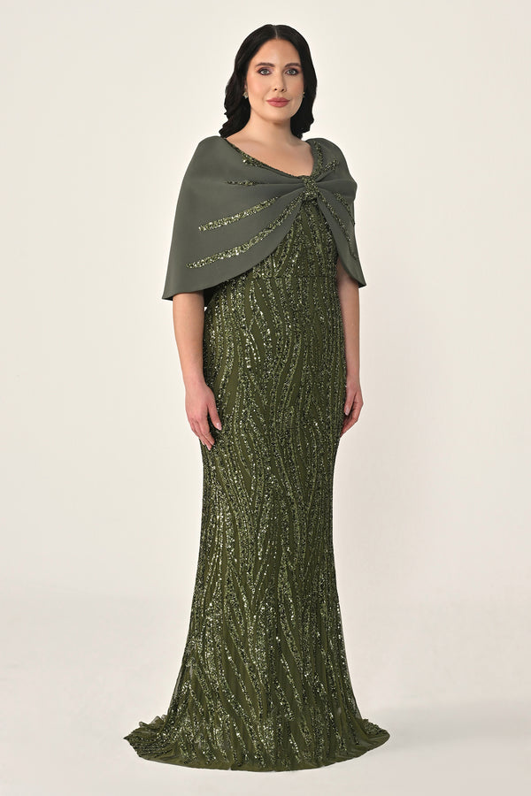 Sequin Long Dress with Shawl Accessory on Shoulder