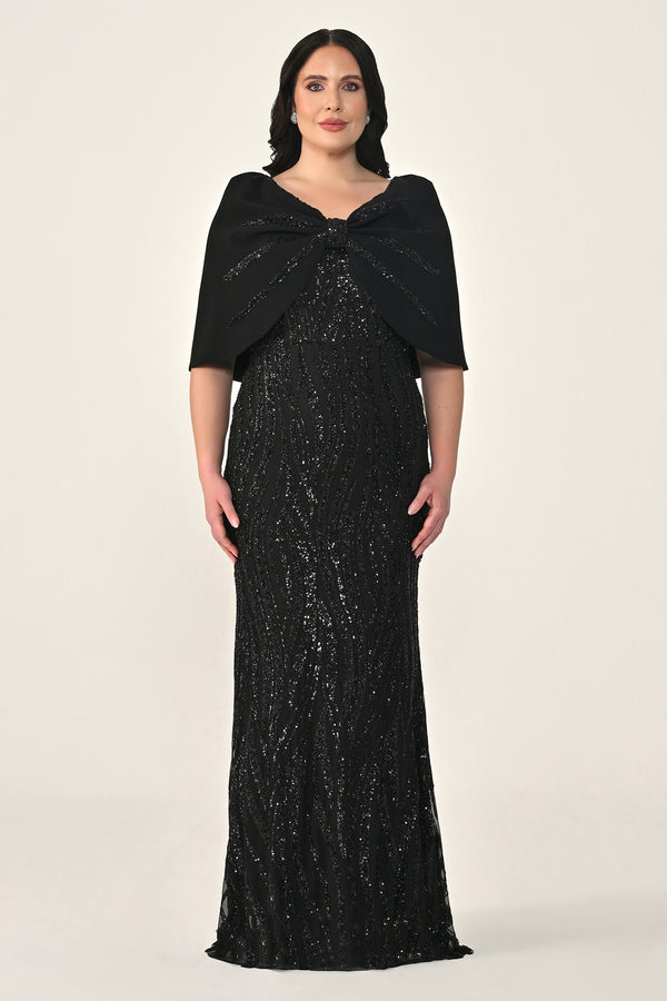Sequin Long Dress with Shawl Accessory on Shoulder