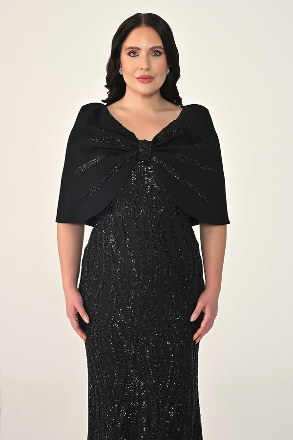 Sequin Long Dress with Shawl Accessory on Shoulder