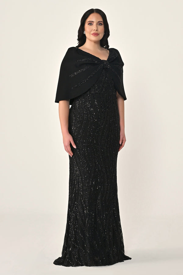 Sequin Long Dress with Shawl Accessory on Shoulder