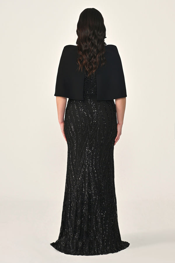 Sequin Long Dress with Shawl Accessory on Shoulder
