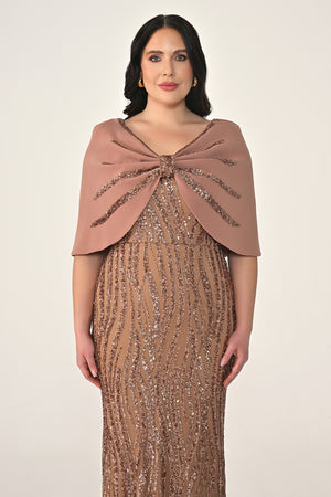 Sequin Long Dress with Shawl Accessory on Shoulder
