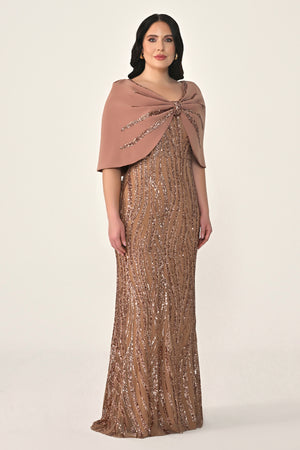 Sequin Long Dress with Shawl Accessory on Shoulder