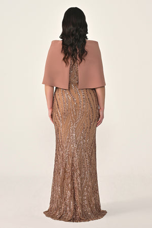 Sequin Long Dress with Shawl Accessory on Shoulder