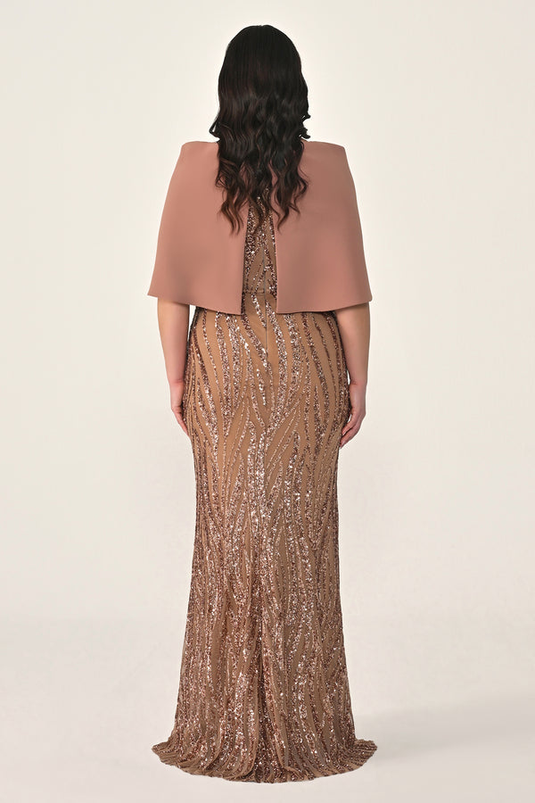 Sequin Long Dress with Shawl Accessory on Shoulder