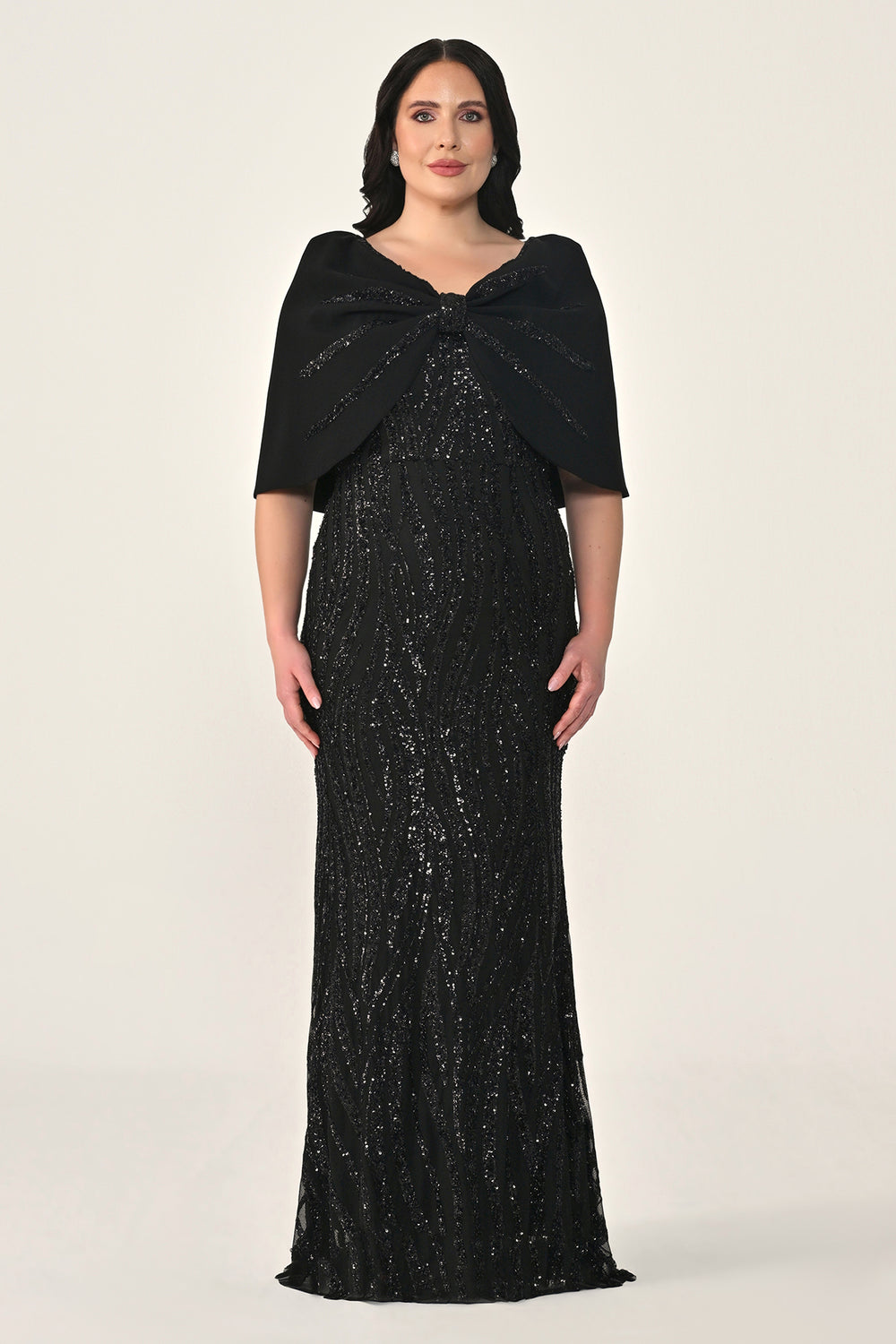 Sequin Long Dress with Shawl Accessory on Shoulder