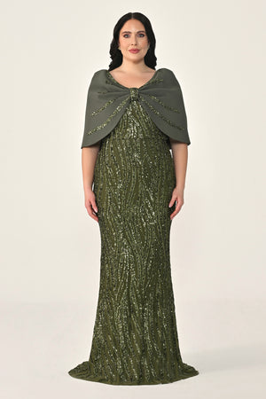 Sequin Long Dress with Shawl Accessory on Shoulder